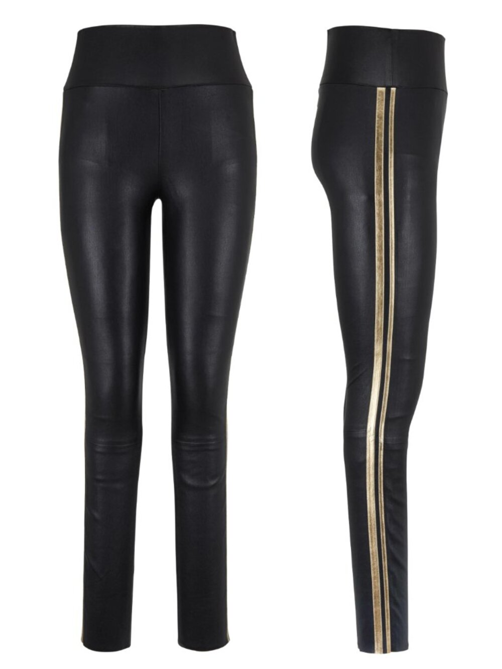 SPRWMN Black Leather Gold Side Stripe Ankle Leggings Women's Size Medium M